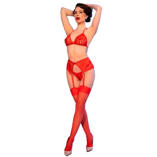 CHILIROSE - CR 4848 SET SUJETADOR + TANGA + MEDIAS DE ENCAJE ROJO S - Nuvica