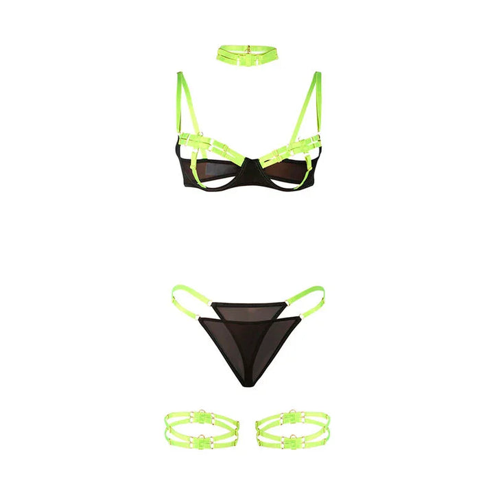 SUBBLIME - 955274 SET SUJETADOR CON COLLAR Y DETALLES PARA PIERNAS VERDE FLUORESCENTE S/M - Nuvica