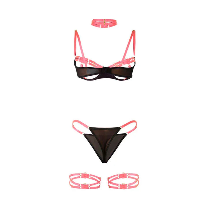 SUBBLIME - 955298 SET SUJETADOR CON COLLAR Y DETALLES PARA PIERNAS ROSA FLUORESCENTE S/M - Nuvica