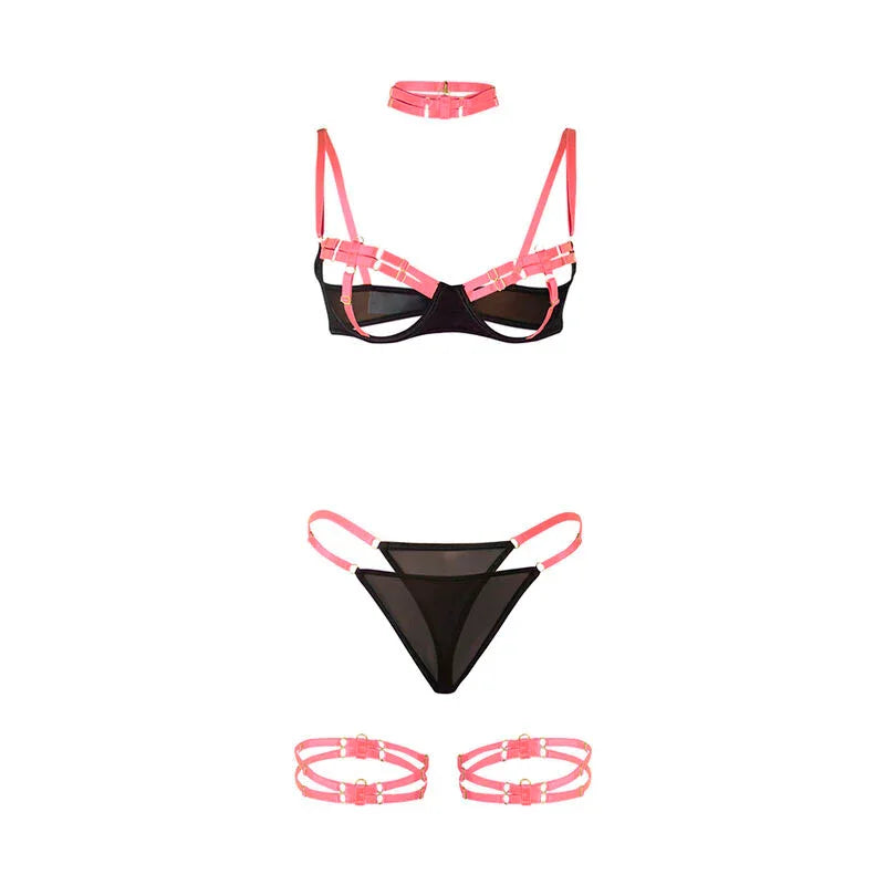 SUBBLIME - 955298 SET SUJETADOR CON COLLAR Y DETALLES PARA PIERNAS ROSA FLUORESCENTE S/M - Nuvica