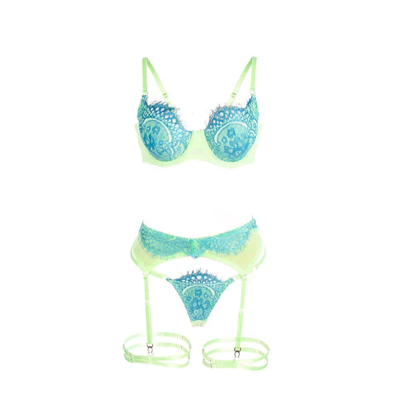 SUBBLIME - 955311 SET SUJETADOR CON ENCAJE Y LIGUEROS VERDE Y AZUL S/M - Nuvica