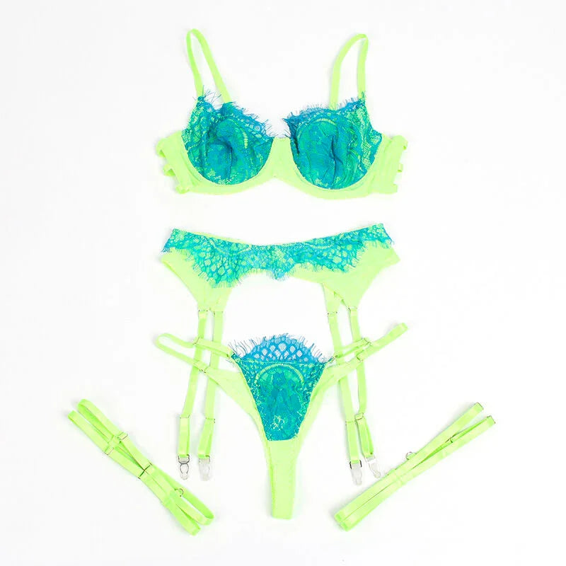 SUBBLIME - 955311 SET SUJETADOR CON ENCAJE Y LIGUEROS VERDE Y AZUL S/M - Nuvica