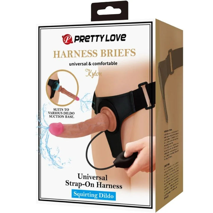 PRETTY LOVE - KYTON HARNESS BRIEFS UNIVERSAL CON DILDO SQUIRTING 19 CM MULATO - Nuvica