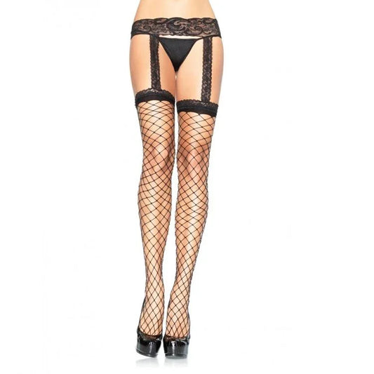 LEG AVENUE - MEDIAS DE RED CON LIGUERO DE ENCAJE NEGRO - Nuvica