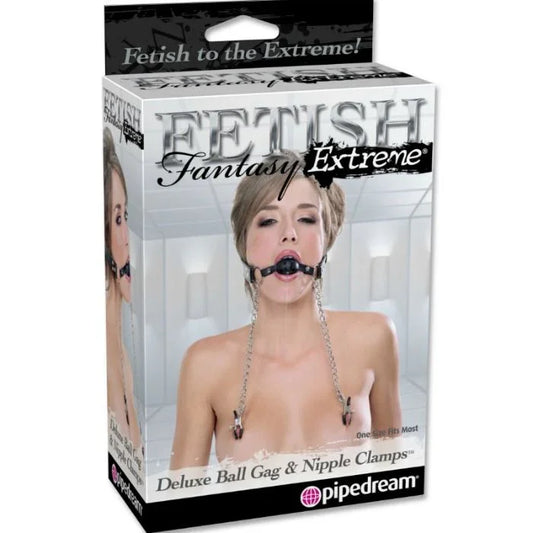 FETISH FANTASY EXTREME - MORDAZA DELUXE CON PINZAS PEZONES CON CADENAS - Nuvica