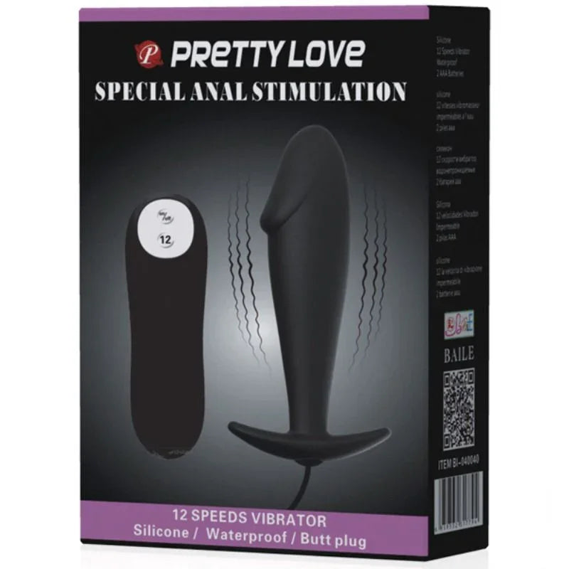 PRETTY LOVE - PLUG ANAL SILICONA FORMA PENE Y 12 MODOS VIBRACIÓN NEGRO - Nuvica