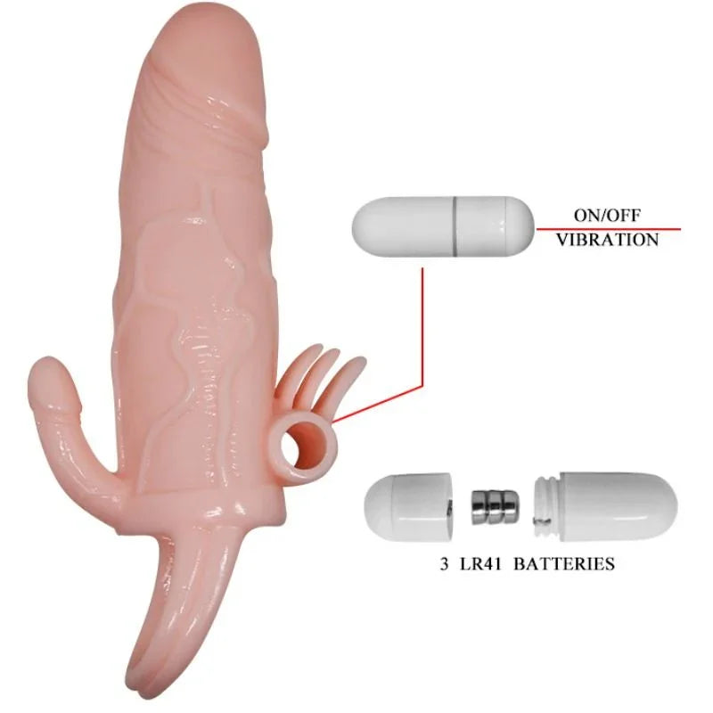BAILE - BRAVE MAN FUNDA PENE ANAL Y CLITORIS VIBRADOR 16.5 CM NATURAL - Nuvica
