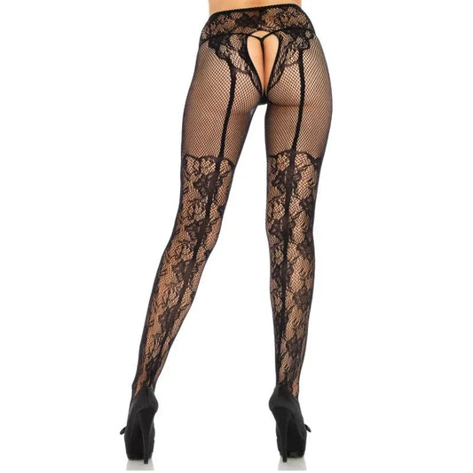 LEG AVENUE - MEDIAS ALTAS CON ABERTURA TRASERA DISEÑO FLORAL TALLA ÚNICA - Nuvica