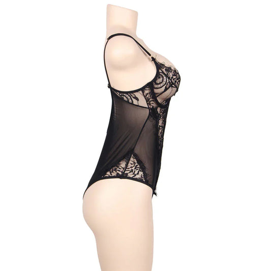 SUBBLIME - TEDDY ENCAJE FLORAL Y CON FLECOS NEGRO TALLA GRANDE - Nuvica