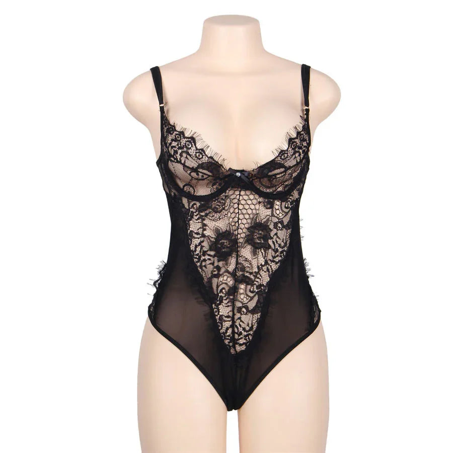 SUBBLIME - TEDDY ENCAJE FLORAL Y CON FLECOS NEGRO TALLA GRANDE - Nuvica