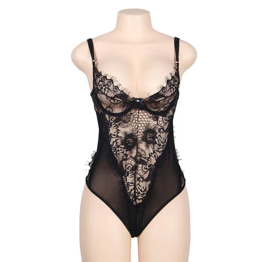 SUBBLIME - TEDDY ENCAJE FLORAL Y CON FLECOS NEGRO TALLA GRANDE - Nuvica