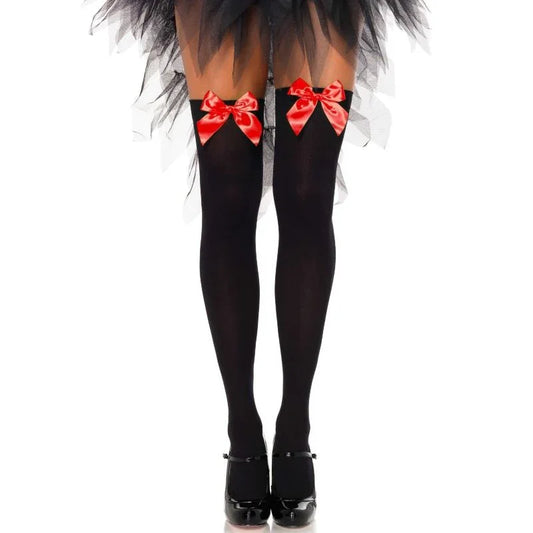 LEG AVENUE - MEDIAS ALTAS NEGRAS CON LACITO ROJO TALLA ÚNICA - Nuvica