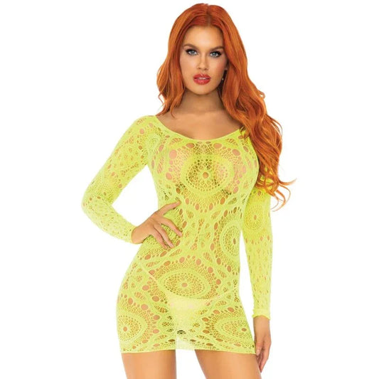 LEG AVENUE - MINI VESTIDO DE ENCAJES MANGA LARGA NEON TALLA ÚNICA - Nuvica