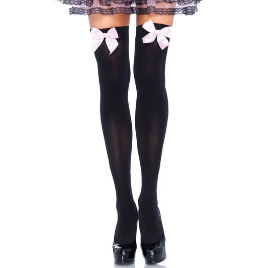 LEG AVENUE - MEDIAS ALTAS NEGRAS CON LACITO ROSA TALLA ÚNICA - Nuvica